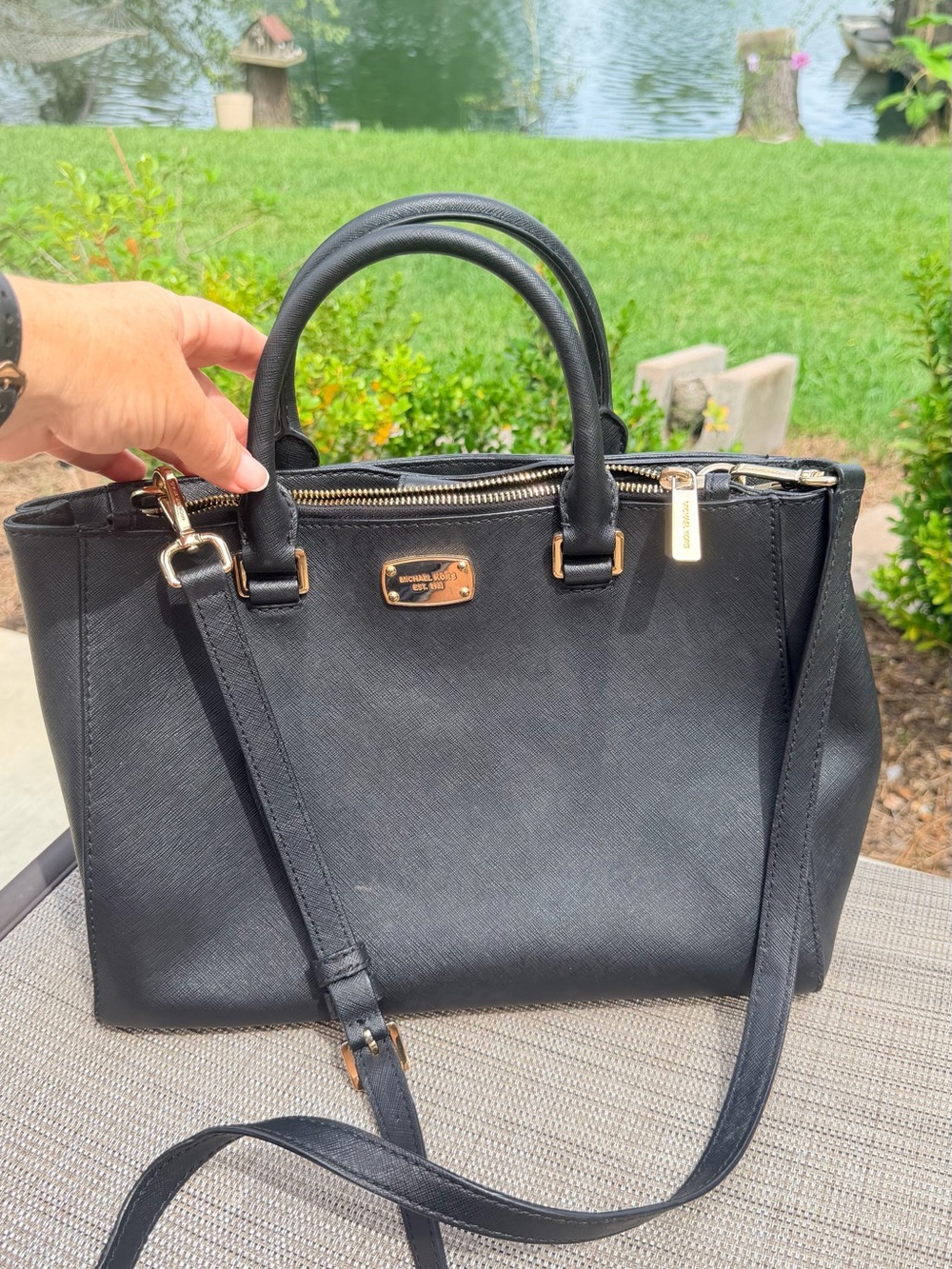 Michael Kors Black Saffiano Satchel with Gold Hardware and Detachable Strap